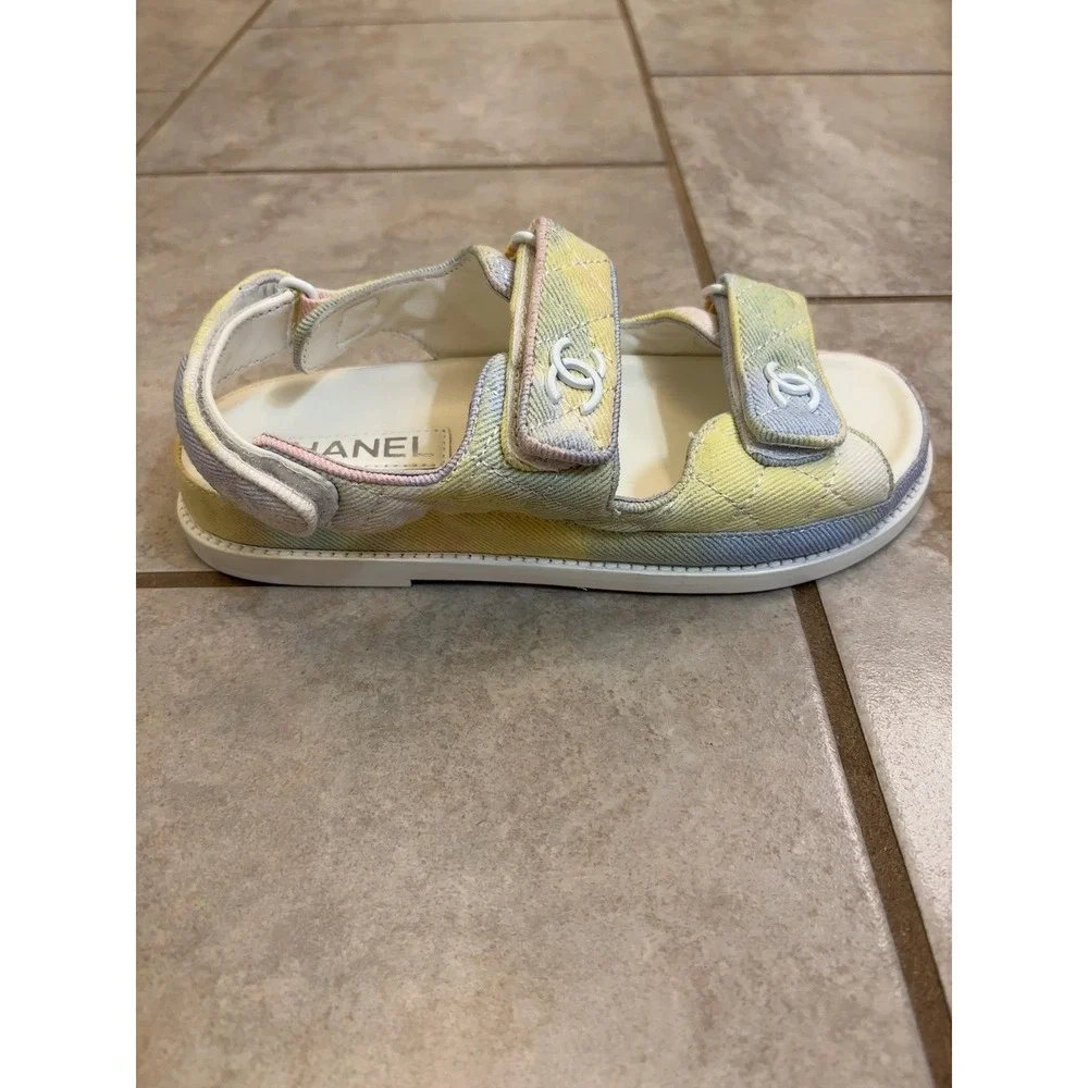 Authentic Chanel Pastel Tie Dye Denim Quilted Dad Sandals G35927 CC Logo 37C